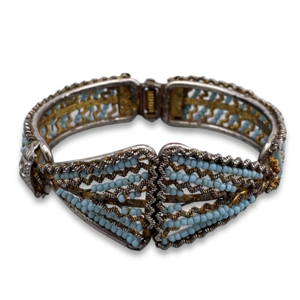 Vintage Blue Beaded Hinged Bangle Bracelet